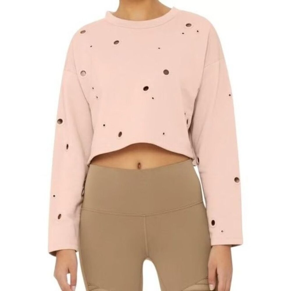 ALO Yoga Cadence Grommet Pink Cotton Blend Cropped Pullover Women's Small S - Picture 2 of 5